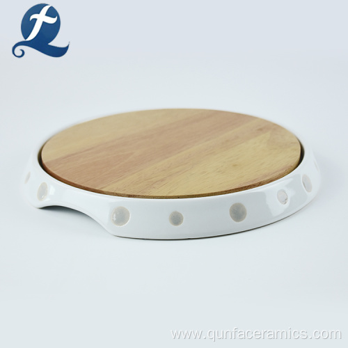 Customized Round Ceramic Plate With Wooden Dish
